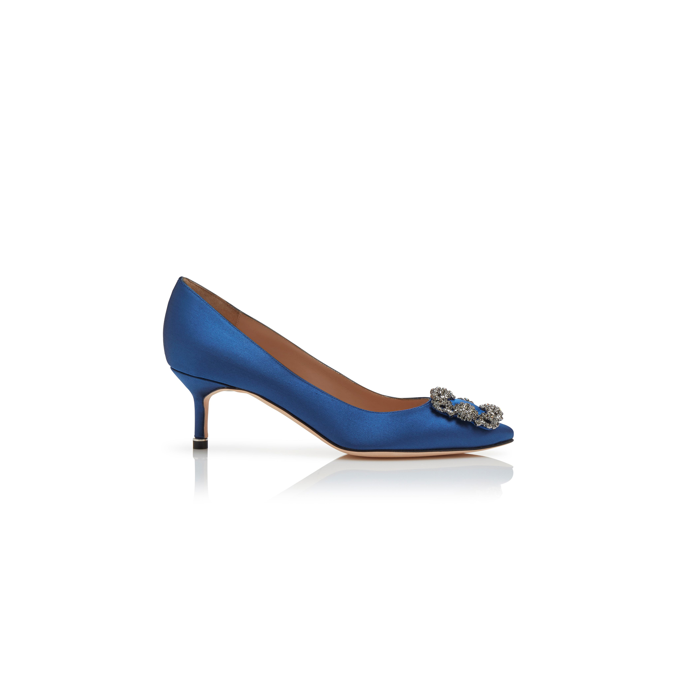 MANOLO BLAHNIK HANGISI 50 BLUE SATIN JEWEL BUCKLE PUMPS 9XX-0661-0046
